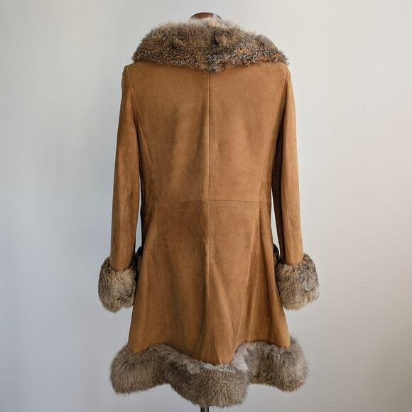 Vintage Brown Suede Fur Trim Penny Lane Jacket Furry Leather Trench Coat Medium - Picture 5 of 16